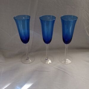 Set of Three Cobalt Blue Clear Stemmed 9" Champagne Flutes